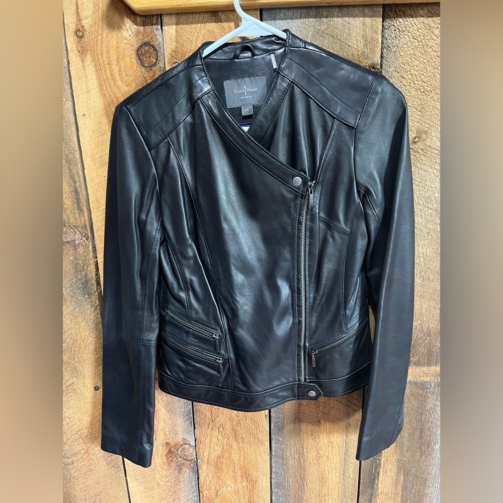 Cole Haan Black Leather Jacket Classic Moto Style